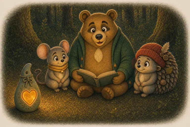 Mo läser ur en bok för Pip och Nell i lyktans sken.
